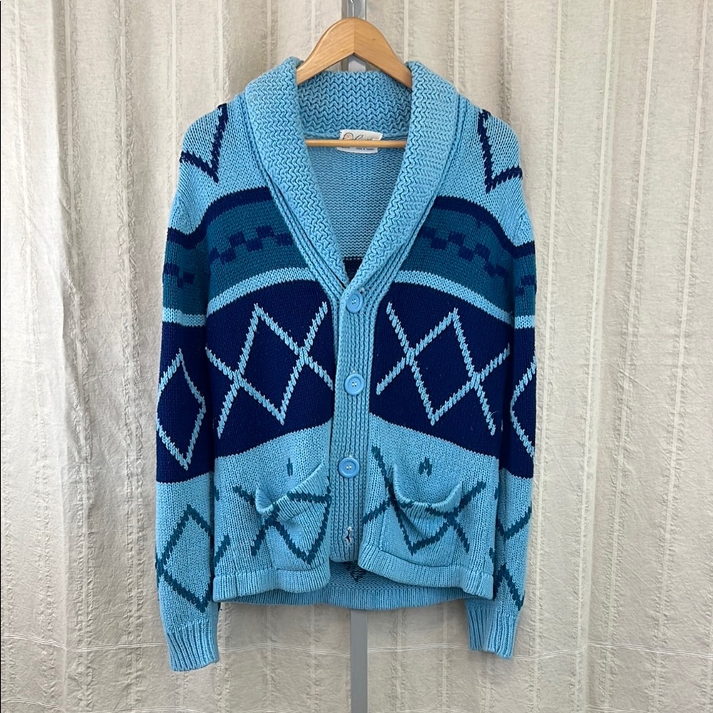 Vintage Blue Geometric Knit Cardigan